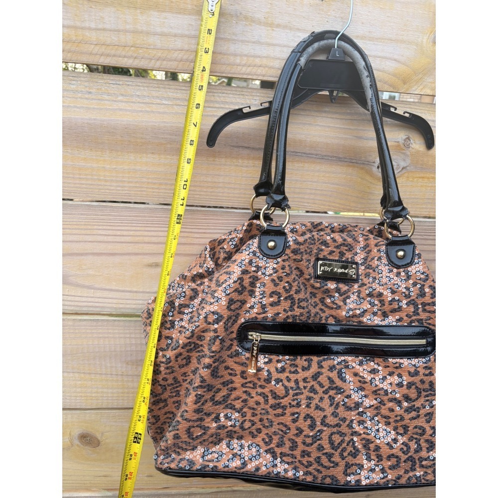 Betsey Johnson Leopard Print Sequin Shoulder Bag Black Patent Trim Gold Hardware - Picture 8 of 15